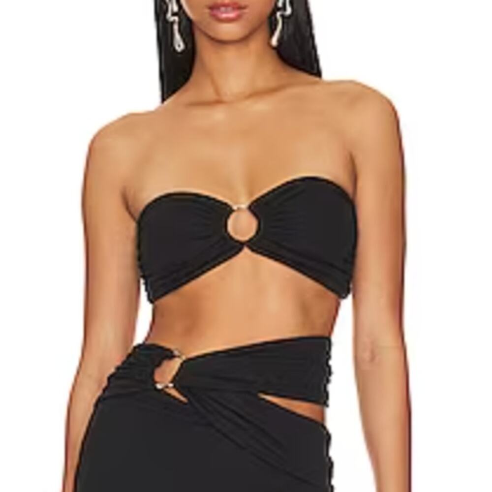 NBD Black Bandeau Crop Top LARGE Cropped Smocked Textured Strapless Bullring NEW